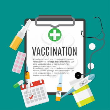 Vaccination concept flat background. Medical awareness flu, polio influenza poster. Vector Illustration EPS10