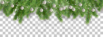 Merry Christmas and happy New Year border of tree branches and garland beads on transparent background. Vector illustration. EPS10