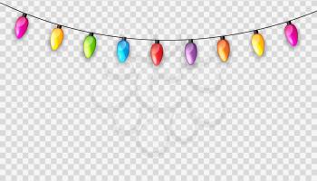 Multicolored Garland Lamp Bulbs Festive Isolated on Transparent Background Vector Illustration EPS10