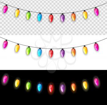 Multicolored Garland Lamp Bulbs Festive Isolated on Transparent, White, Black Background Vector Illustration EPS10