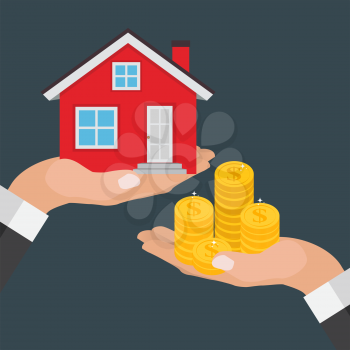 Real estate concept. Buy house poster with men hands paying money for the home building. Vector Illustration. EPS10
