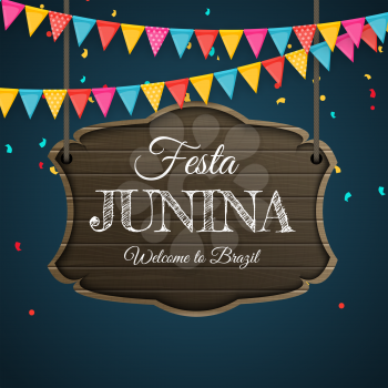 Festa Junina Background with Party Flags. Brazil June Festival Background for Greeting Card, Invitation on Holiday. Vector Illustration EPS10