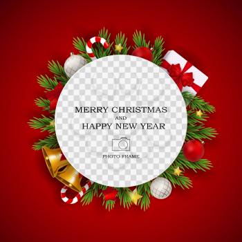 Merry Christmas and Happy New Year Photo Frame Template. Vector Illustration EPS10
