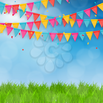 Green Grass Field and Blue Sky Background with Holiday Flags. Vector Illustration. EPS10