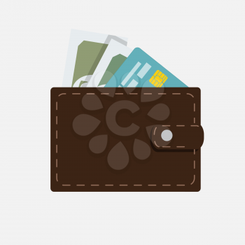 Flat Icon of Wallet with Money and credit card. Vector Illustration EPS10