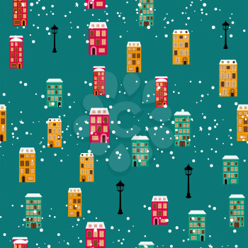 Merry Christmas and Happy New Year Card with Little Town Seamless Pattern Background. Vector Illustration EPS10
