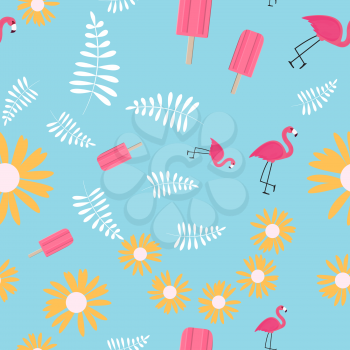 Seamless Patternr background with flamingo, ice cream and palm leanes. Vector Illustration EPS10
