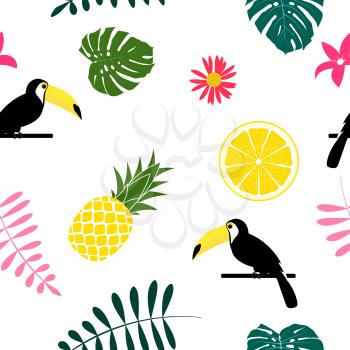Tropic fruit Pineapple, Toucan bird and palm leaf seamless pattern background design. Vector Illustration EPS10