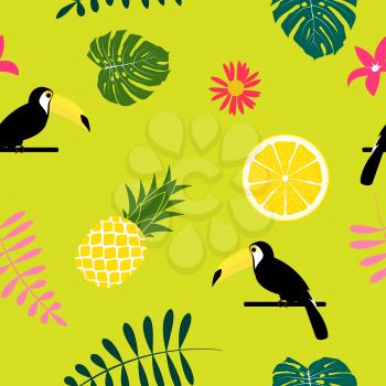 Tropic fruit Pineapple, Toucan bird and palm leaf seamless pattern background design. Vector Illustration EPS10