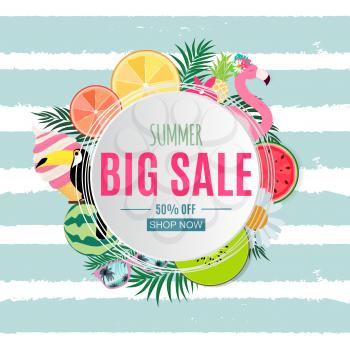 Abstract Summer Sale Background with Palm Leaves, Watermelon, Ice Cream and Flamingo. Vector Illustration EPS10