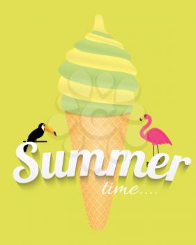 Abstract Summer Time Background with Flamingo and Toucan. Vector Illustration EPS10