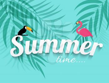 Abstract Summer Time Background with Flamingo and Toucan. Vector Illustration EPS10