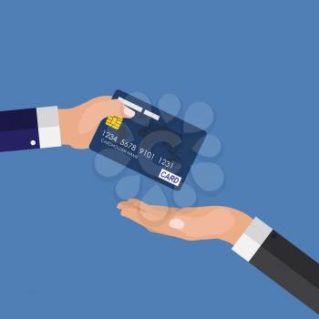 Quickly payment Concept. Hand giving  credit card to other hand. Vector Ilustration EPS10