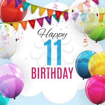 Cute Template 11 Years Anniversary. Group of Colour Glossy Helium Balloons Background. Vector Illustration EPS10