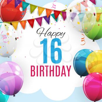Cute Template 16 Years Anniversary. Group of Colour Glossy Helium Balloons Background. Vector Illustration EPS10