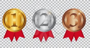 Champion Gold, Silver and Bronze Medal with Red Ribbon. Icon Sign of First, Second  and Third Place Isolated on Transparent Background. Vector Illustration EPS10