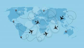 Airplane dotted flight background above world map. Vector Illustration EPS10 