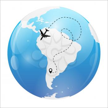 Airplane dotted flight background above world map. Vector Illustration EPS10