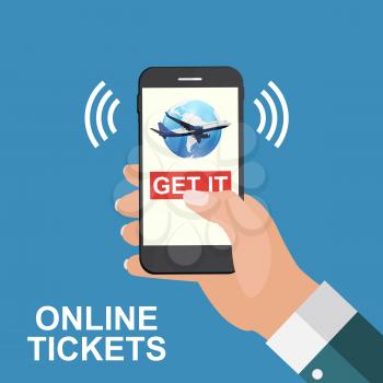 Hand holding a mobile phone. Buy air tickets online concept. Vector Illustration EPS10