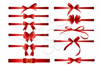 Collection Set of red bows with horizontal  ribbon isolated on white background. Vector illustration EPS10