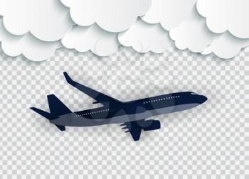 Abstract Clouds with flying realistic 3D airplane on a transparent background. Vector Illustration. EPS10