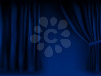 Realistic colorful blue velvet curtain folded. Option curtain at home in the cinema. Vector Illustration. EPS10
