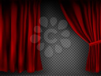 Realistic colorful red velvet curtain folded on a transparent background. Option curtain at home in the cinema. Vector Illustration. EPS10