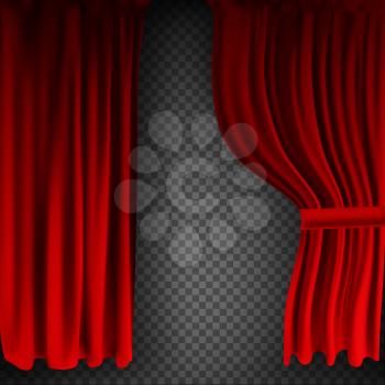Realistic colorful red velvet curtain folded on a transparent background. Option curtain at home in the cinema. Vector Illustration. EPS10
