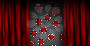 Realistic colorful red velvet curtain. Under the curtains gambling chips gambling. Option curtain at home in casino. Vector Illustration. EPS10