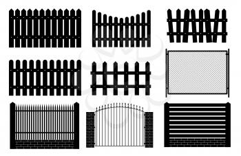 Collection Set of fences, pickets silhouettes for garden background. Vector Illustration EPS10