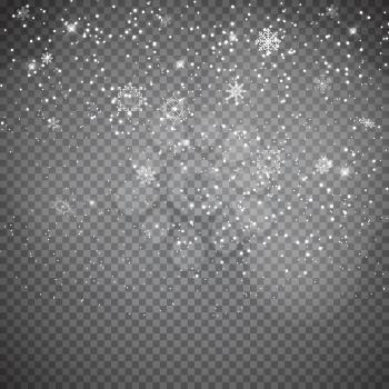 Falling Shining Snowflakes and Snow on Transparent  Background. Christmas, Winter and New Year Background. Realistic Vector illustration for Your Design EPS10