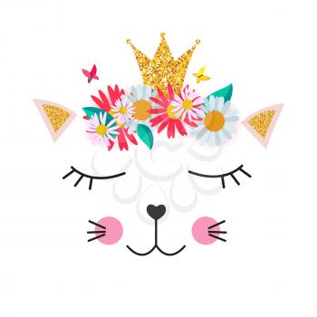 Little cute cat princess with crown and flowers  for card and shirt design. Vector Illustration EPS10