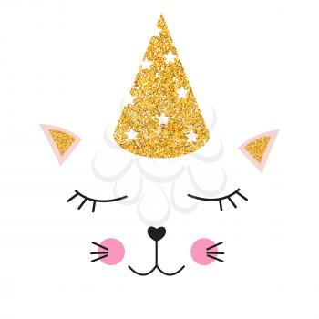 Little cute cat with party festive cap for card and shirt design. Vector Illustration EPS10