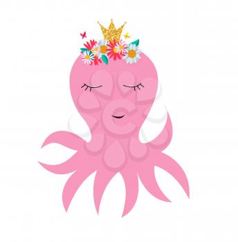 Little cute octopus princess with crown and flowers for card and shirt design. Vector Illustration EPS10