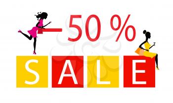 Big sale concept with two silhouettes Beautiful girls after shopping in boutiques.Vector Illustration. EPS10