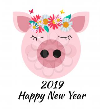 Happy New Year 2019 cute card design with cartoon pig. Vector Illustration EPS10