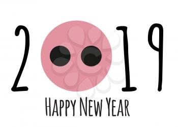 Happy New Year 2019 cute card design with cartoon pig. Vector Illustration EPS10