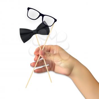 Realistic hand of man holds presumed bow and glasses on a stick. Vector Illustration. EPS10