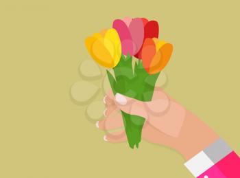 Man's hand holds Spring Tulip Flowers in Flower Pot Vector Illustration. EPS10