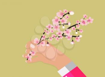 Hand holding colorful branch of cherry blossoms. Vector Illustration. EPS10
