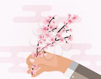 Hand holding colorful branch of cherry blossoms. Vector Illustration. EPS10
