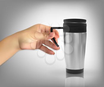 Man's naturalistic hand holds Realistic 3D model of thermos cup. Vector Illustration. EPS10