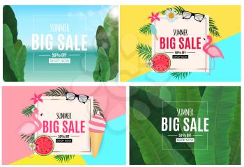 Abstract Summer Sale Background with Palm Leaves, flamingo and Ice Cream Collection Set. Vector Illustration EPS10