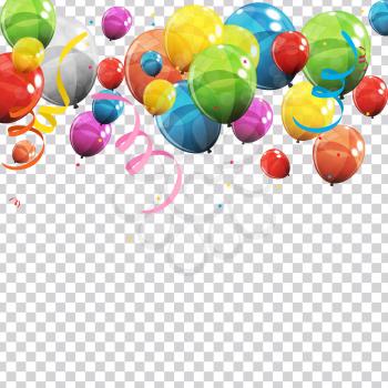 Color Glossy Balloons and Confetti on Transparent Checked Background Vector Illustration eps10