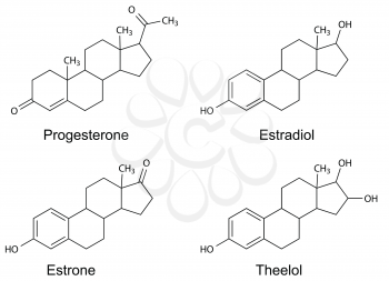 Structural formulas of female sex hormones: progesterone, estradiol, estrone, estriol, 2D Illustration, vector