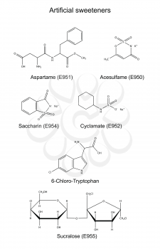 Structural chemical formula of artificial sweeteners - food additives, 2d illustration, isolated on white background, vector, eps8