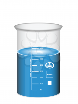 Chemical beaker with blue water solution and scale