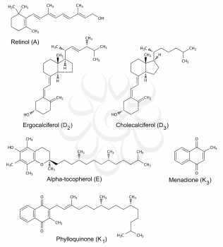 Chemical formulas of liposoluble vitamins (retinol; phylloquinone; menadione; tocopherol; cholecalciferol; ergocalciferol), 2d illustration, vector, isolated on white