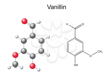 Chemical formula and model of vanillin molecule - flavor enhancer, 3D nad 2D illustration, isolated on white, vector, eps 8