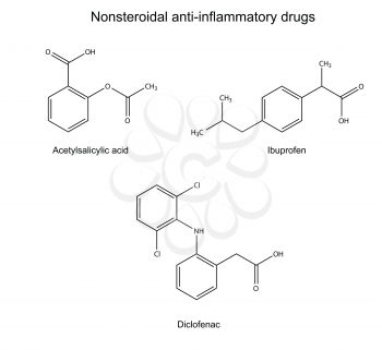 Structural chemical formulas of basic antiinflammatory drugs: acetylsalicylic acid, ibuprofen, diclofenac, 2d illustration, isolated on white background, vector, eps 8